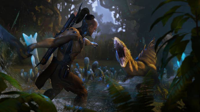A hunter in Turok: Origins is swinging a blade at a small dinosaur who is biting at him.