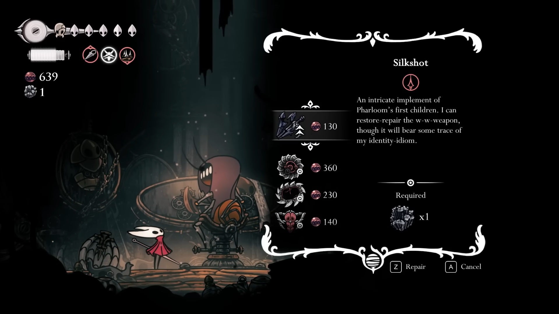 Hornet speaks with the Twelfth Architect about repairing the Ruined Tool into the Silkshot in Hollow Knight: Silksong. - 7