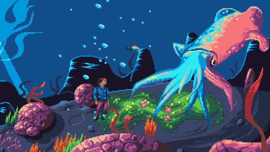The player character Leo in Twilight Oracle, standing underwater looking at a giant squid