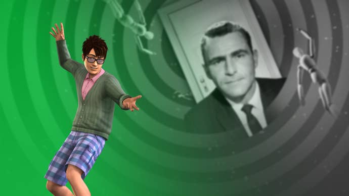 A Sim poses next to a slightly blurred image from The Twilight Zone. A green filter is between the Sim and the image.