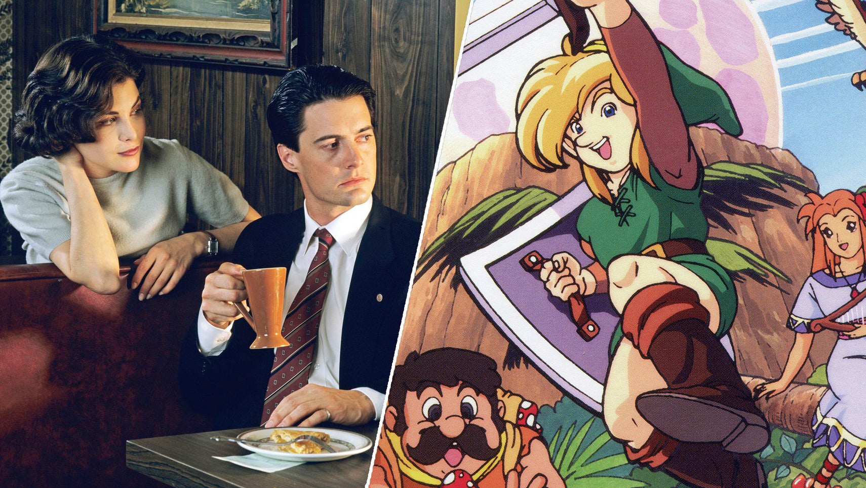 Agent Dale Cooper is sat drinking a cup of coffee in a diner booth as Audrey sits behind him. Link is jumping with his sword in the air in some 2D key art from Link's Awakening. - 1