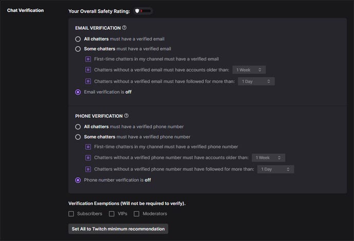 A screenshot of Twitch’s new chat verification options.