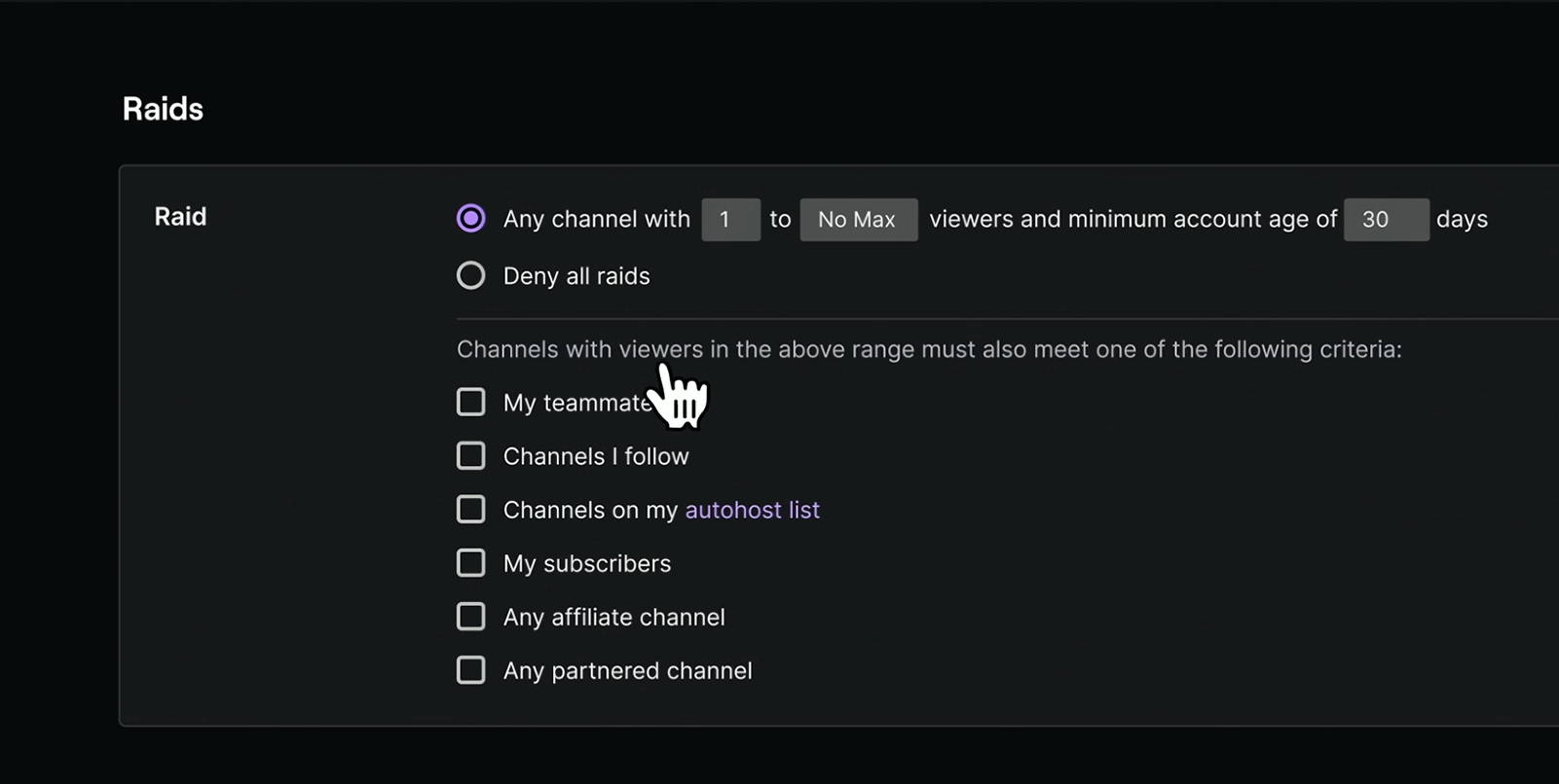 Twitch raid customisation