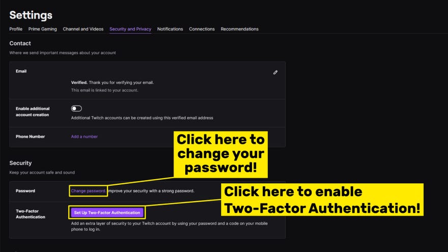 A screenshot of the Twitch Security and Privacy tab of the Settings menu, with the options to reset your password and enable Two-Factor Authentication highlighted.