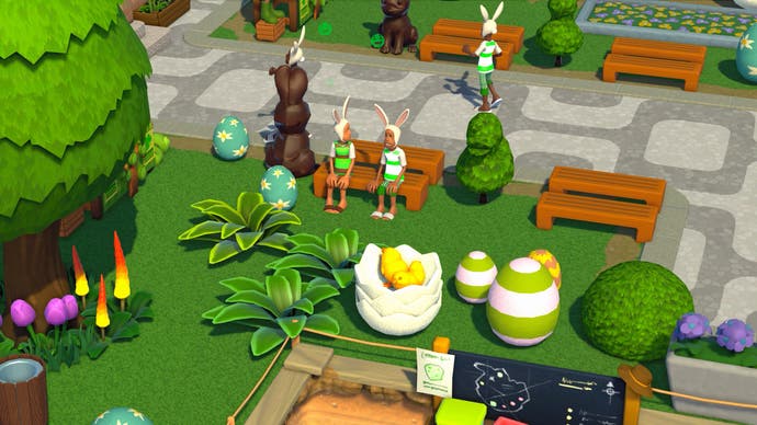 Two Point Campus bunny headed characters on a bench