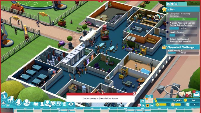 An aerial shot of a sporting university in Two Point Campus.