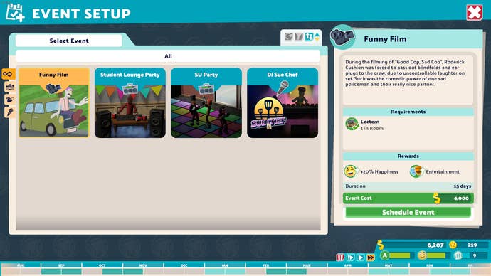 The event setup menu in Two Point Campus is shown.