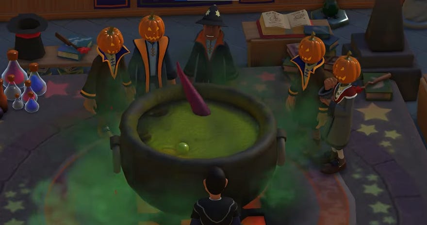 Students with pumpkin heads stand around a cauldron in Two Point Campus.