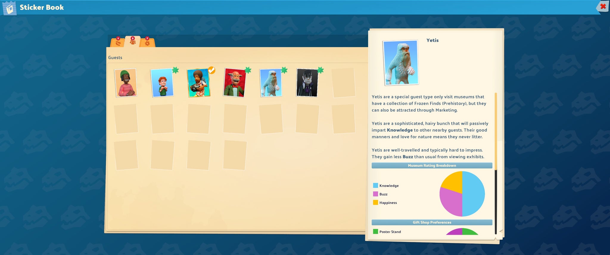 A menu screen showing types of guests in Two Point Museum. - 5