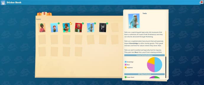 A menu screen showing types of guests in Two Point Museum.