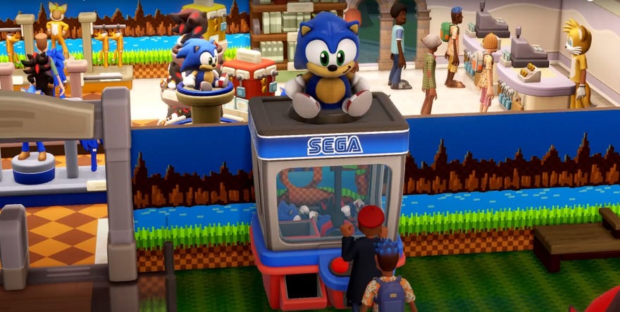 A Sonic grabber machine next to a Sonic gift shop inside a natural history museum.