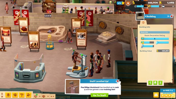 A tour stand prepares to show guests around in Two Point Museum.