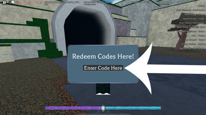 Arrow pointing at the codes redemption menu in the Roblox game Type Soul.