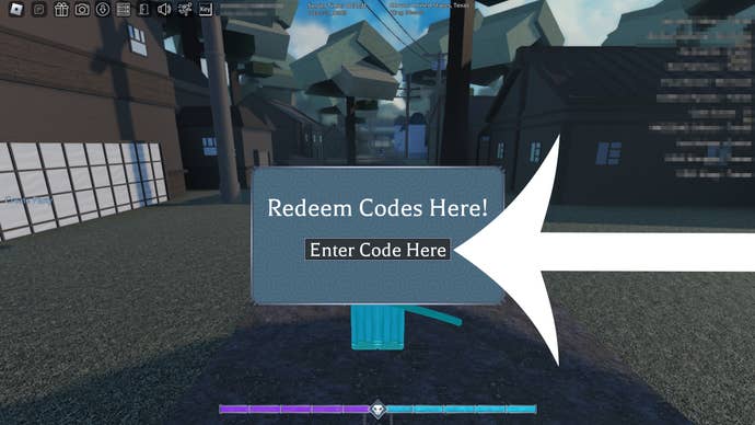 Arrow pointing at the codes menu in the Roblox game Type Soul.