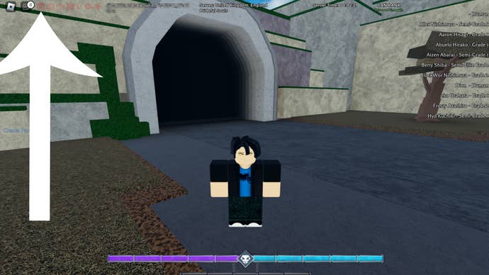 Arrow pointing at the button players need to press to access the codes menu in Roblox game Type Soul.