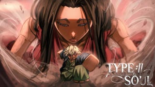 Artwork for the Roblox game Type Soul, showing a Robloxified anime-inspired character posing with a larger character behind them.