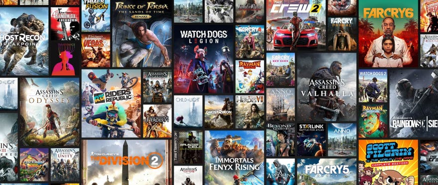 a graphic of ubisoft plus, the company’s game subscription service, showing the games available