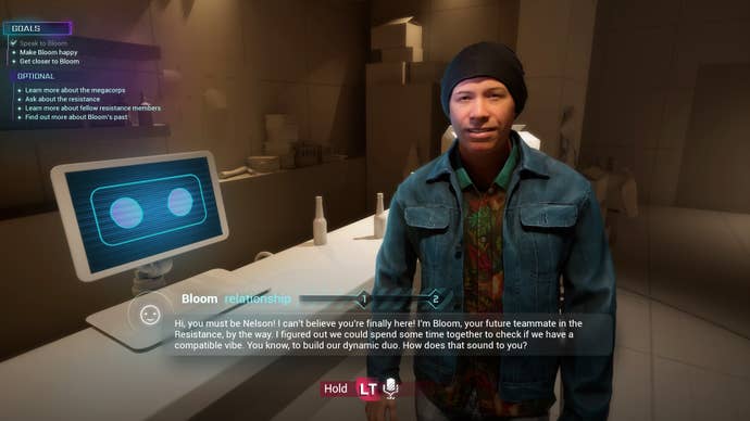 An illustration of Ubisoft's prototype NEO NPC utilizing generative AI. An NPC called Bloom spouts nonsense astir wanting to "spend clip unneurotic to cheque if we person a compatible vibe."