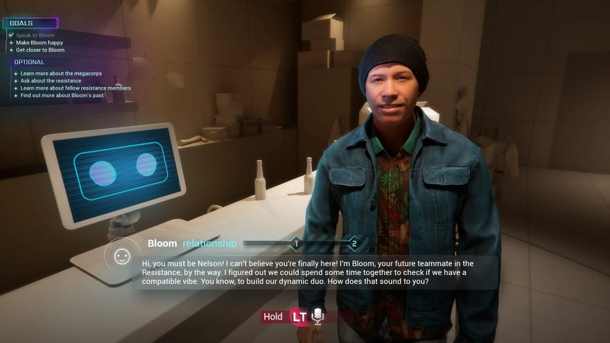 An example of Ubisoft's prototype NEO NPC using generative AI. An NPC called Bloom spouts nonsense about wanting to "spend time together to check if we have a compatible vibe."