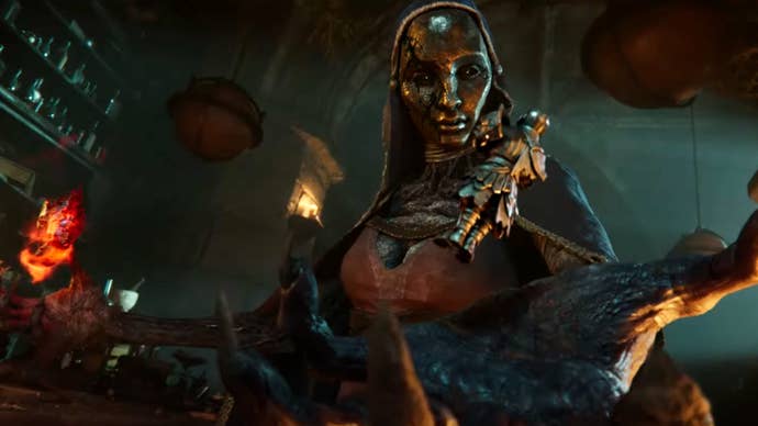 A weird stone person doing magic on a figure in Champions Tactics: Grimoria Chronicles.