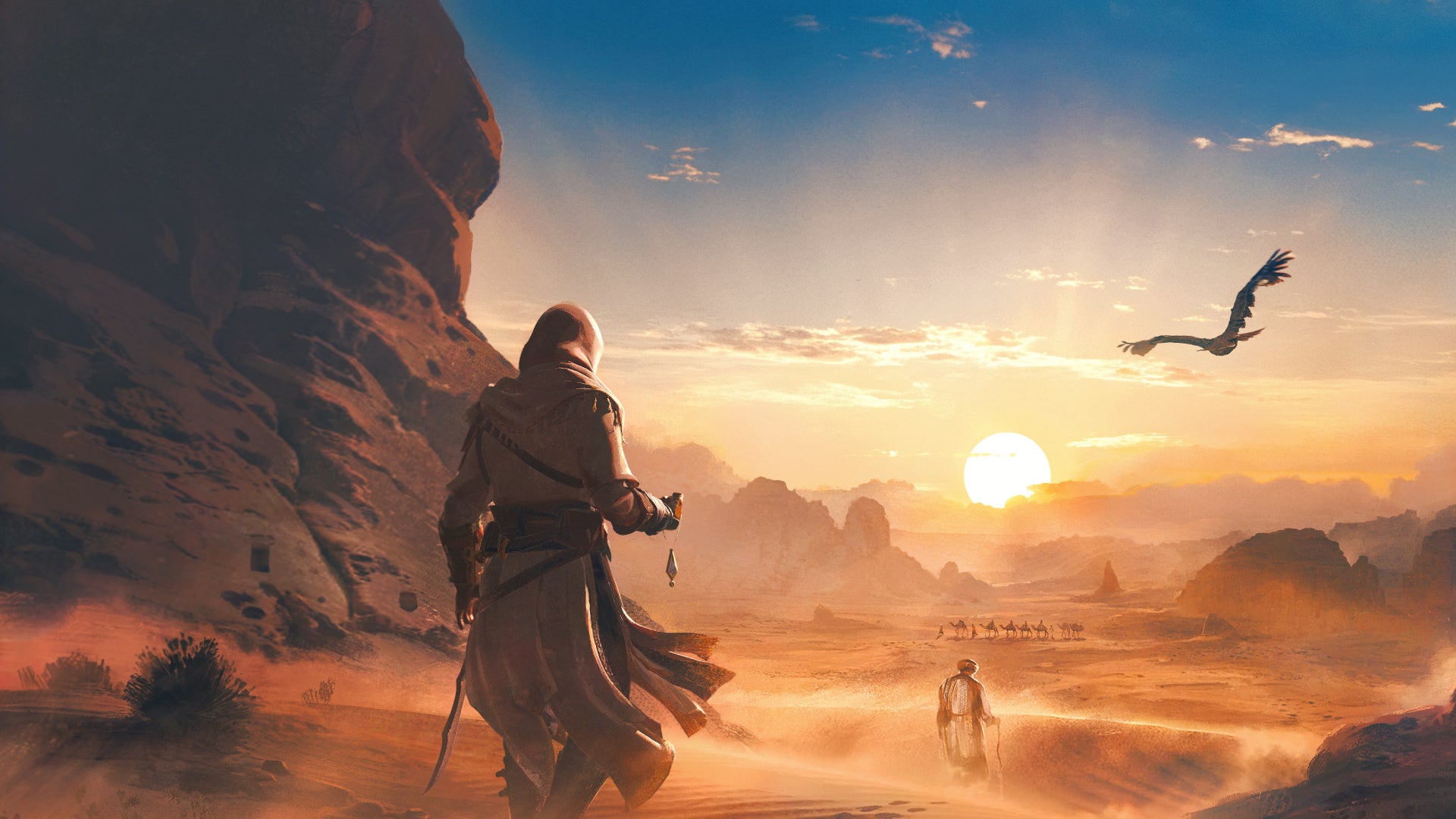 Basim walking into the desert in promo art for Assassin's Creed Mirage's free AlUla DLC. - 1
