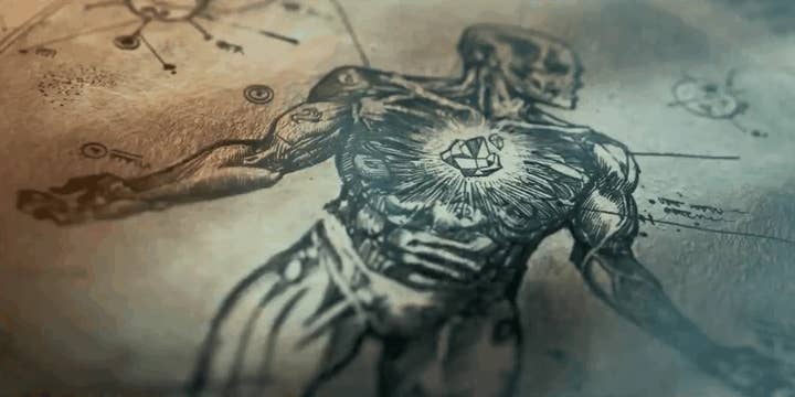 A teaser image from Ubisoft's Champions Tactics showing an anatomical drawing of a skull-faced person with a glowing crystal in its chest