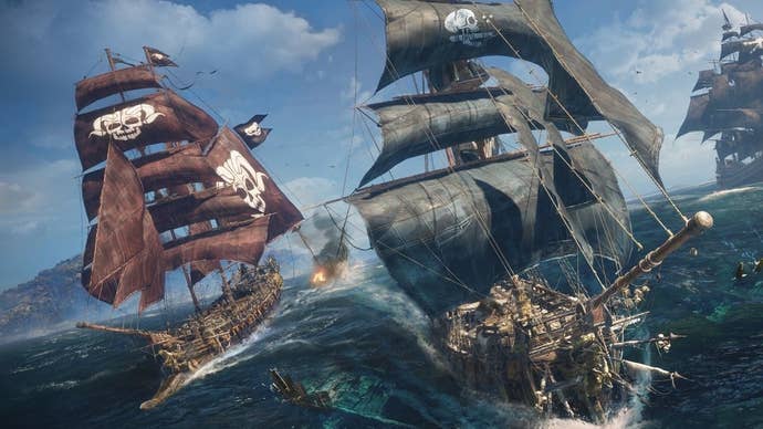 A Skull and Bones screenshot showing two pirate ships engaged in battle while a third is visible on the horizon.