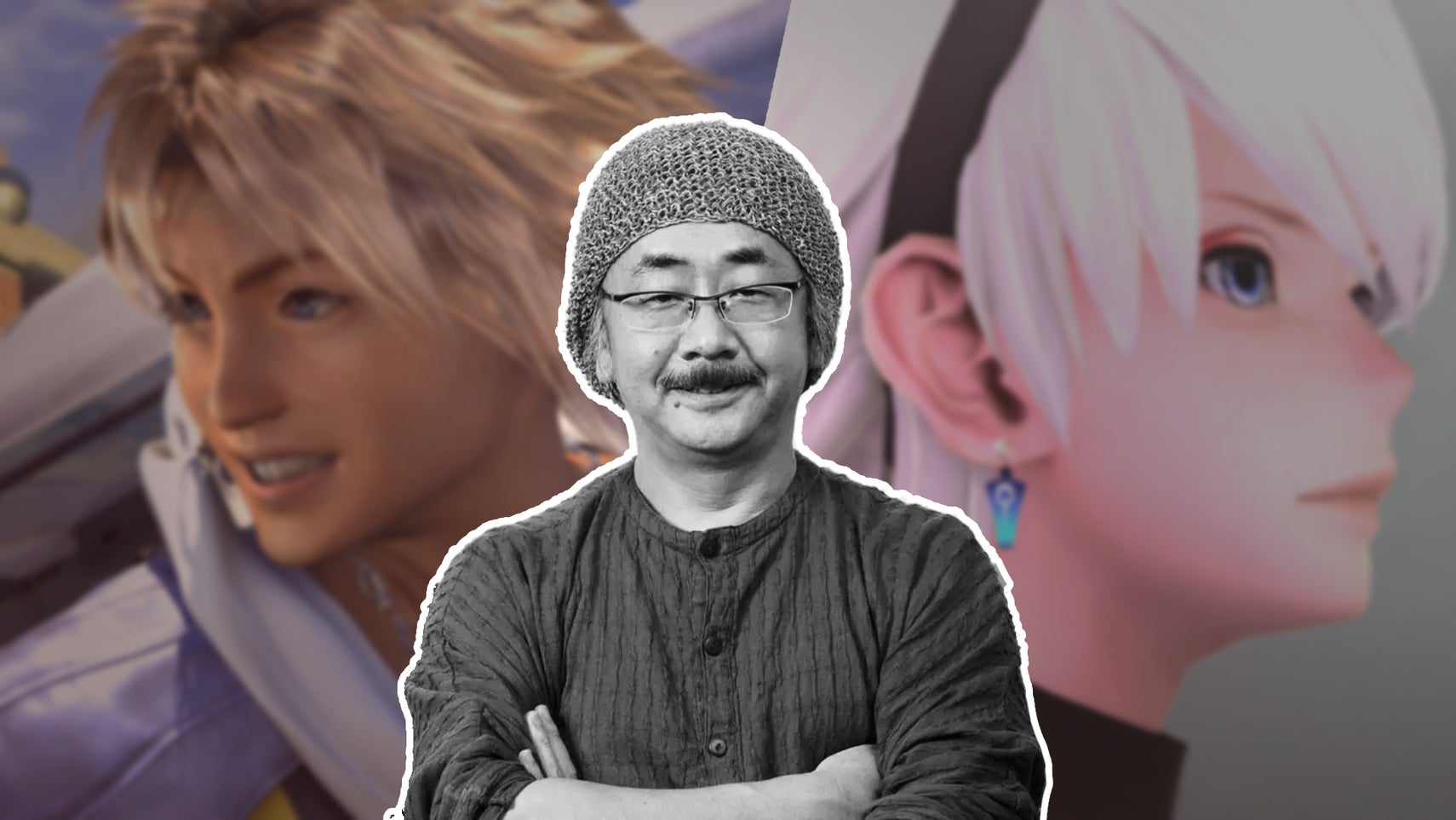 Nobuo Uematsu in front of some characters from Final Fantasy and Fantasian. - 1