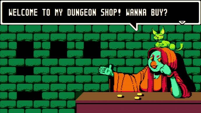 A bird-like woman welcomes the player to her dungeon shop.