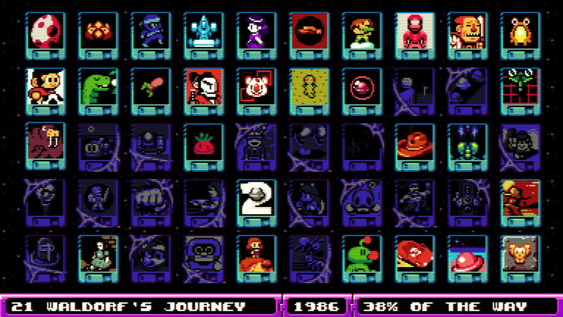 A menu screen shows off the 50 games available in UFO 50, some of them in full colour and others shrouded in dust. - 4