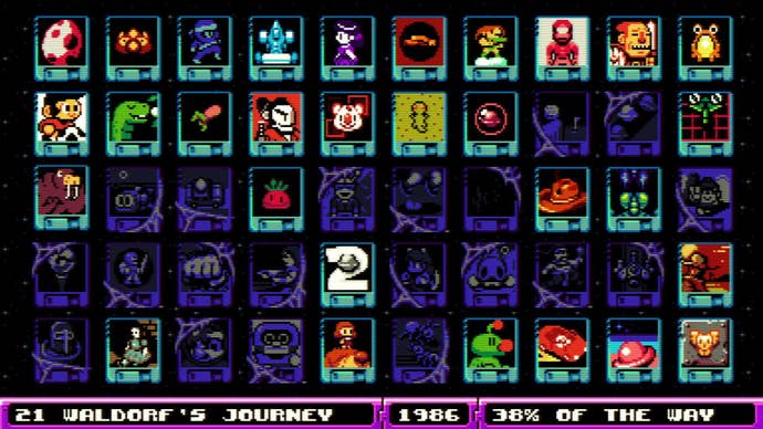 A menu screen shows off the 50 games available in UFO 50, some of them in full colour and others shrouded in dust.