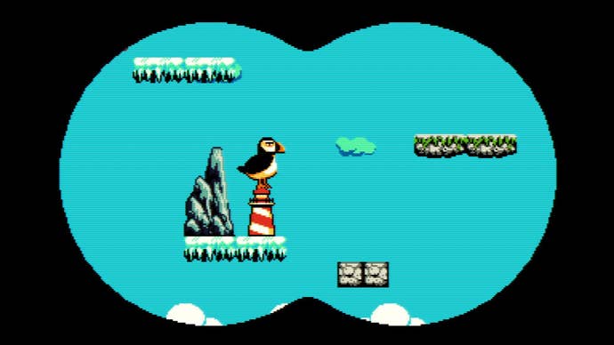 The walrus Whaldorf looks into the distance with binoculars, seeing a bird.