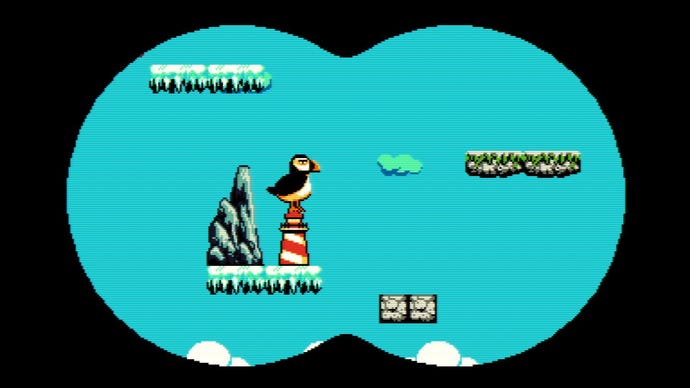 The walrus Whaldorf looks into the distance with binoculars, seeing a bird.