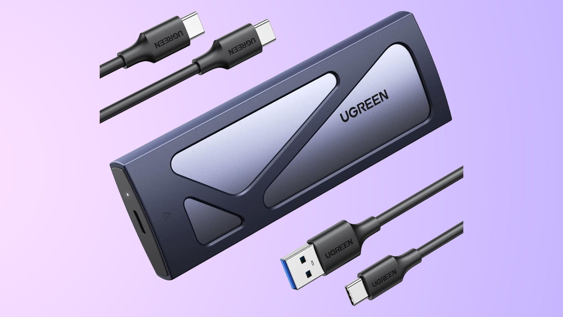 Square Ugreen M.2 enclosure on a gradient background