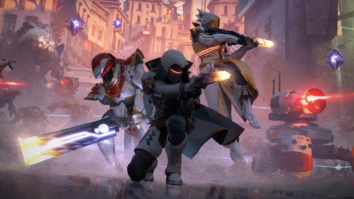 Bungie concept art for its wave-based Onslaught horde mode, showing three Guardians under fire from enemy forces, aided by a turret.