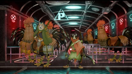 A cat samurai stands in a room of cyberpunk samurai animals in Ukiyo
