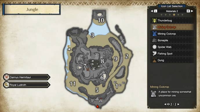 Mining outcrops in Monster Hunter Rise's jungle map