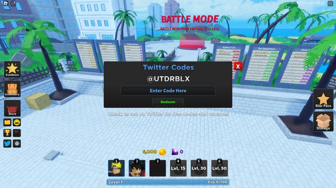 A screenshot from Ultimate Tower Defense in Roblox showing the game's codes menu.