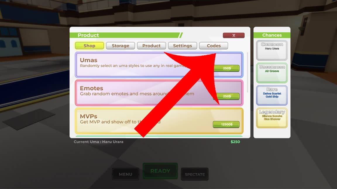 Uma flecha apontando para o botão Códigos no jogo Roblox Uma corrida.