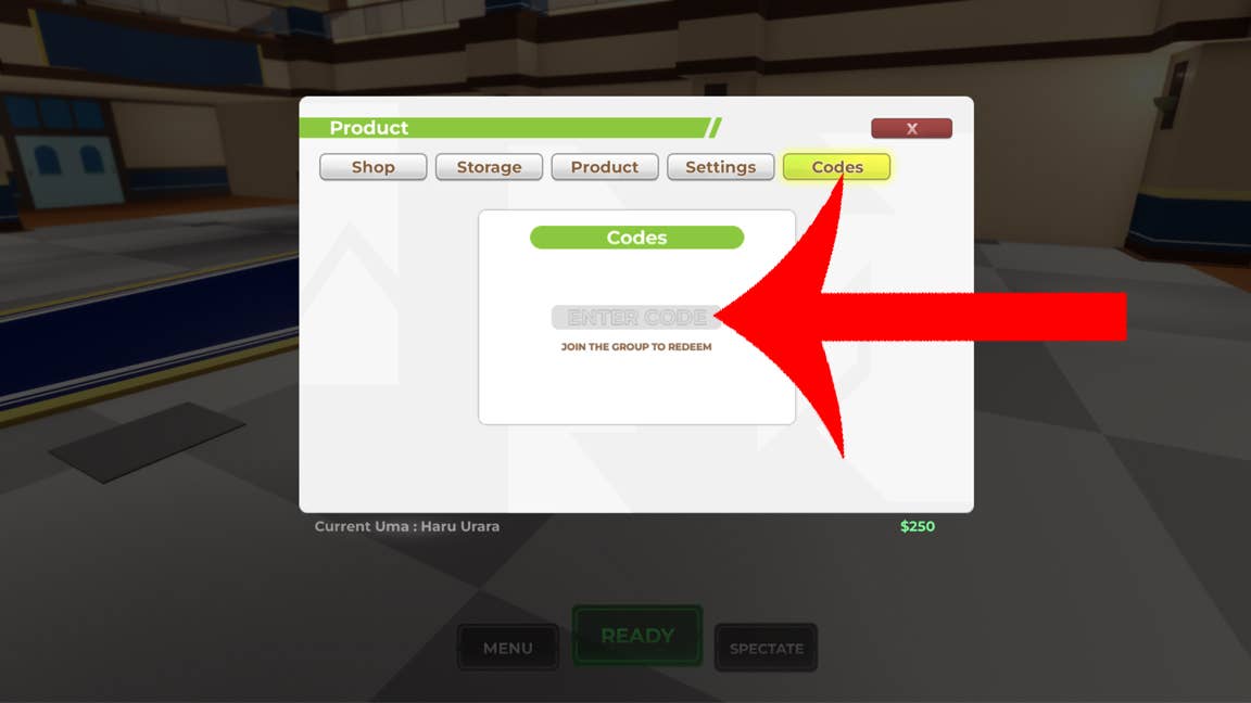 Uma flecha apontando para o menu Códigos no jogo Roblox Uma corrida.
