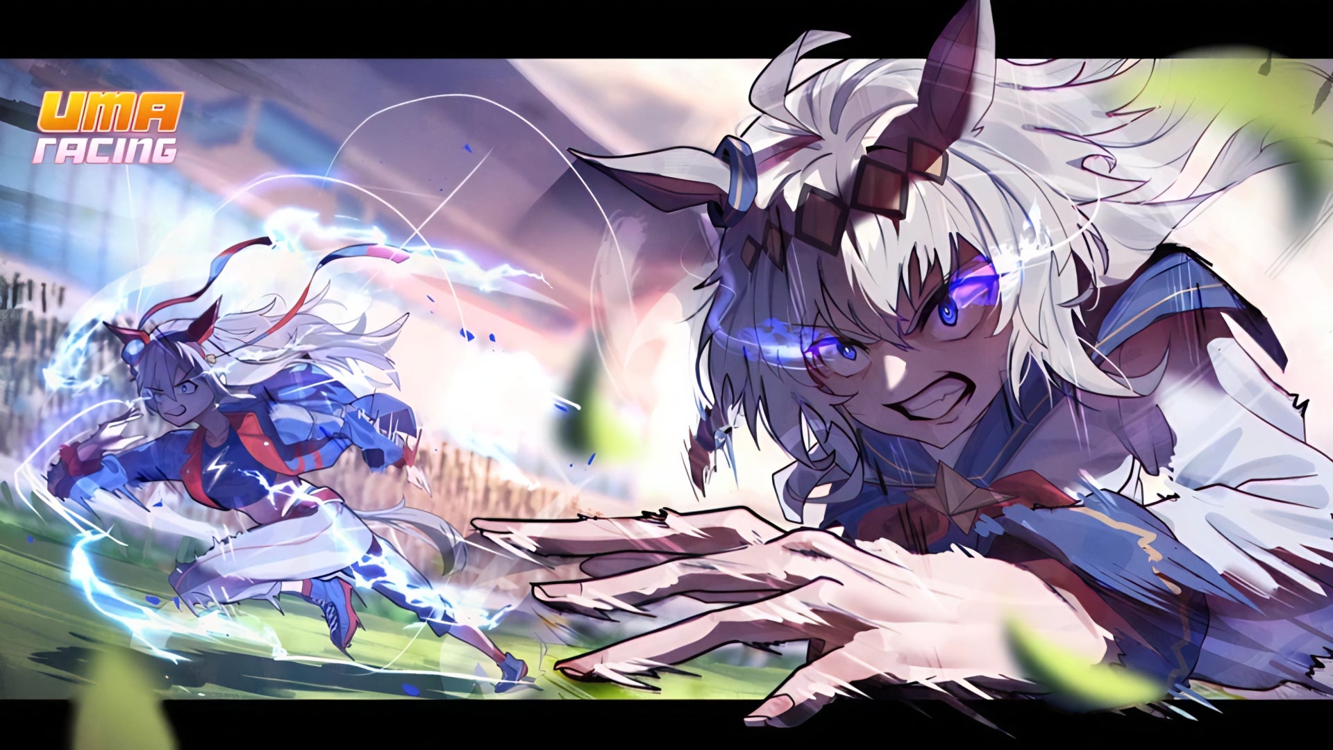 Stylised artwork from the Roblox game Uma Racing, depicting two girls running at high speed on a racing track. - 1