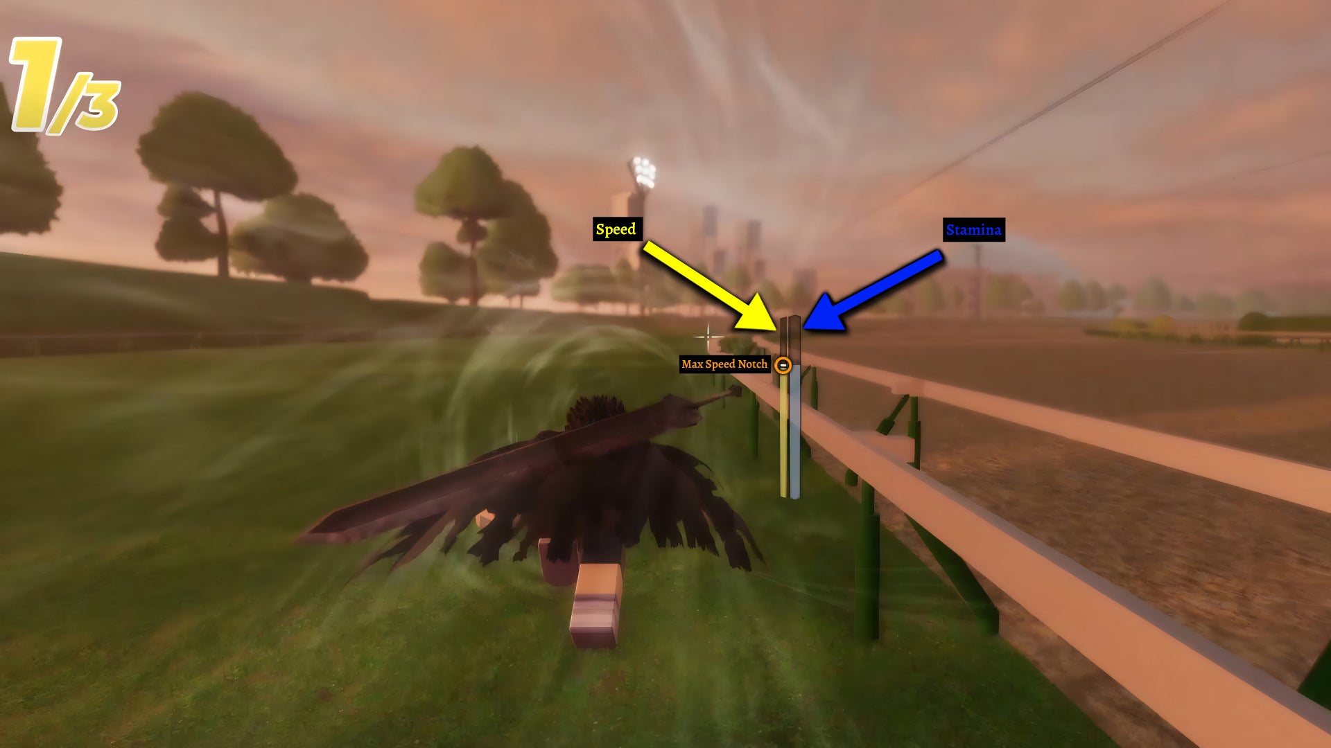 An in-game screenshot from Uma Racing on Roblox, featuring arrows and labels pointing out the speed and stamina bar, as well as the max speed zone notch. - 5