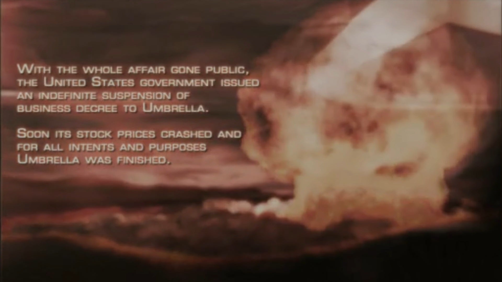 The opening text sprawl of Resident Evil 4, describing the fall of Umbrella due to stock prices.