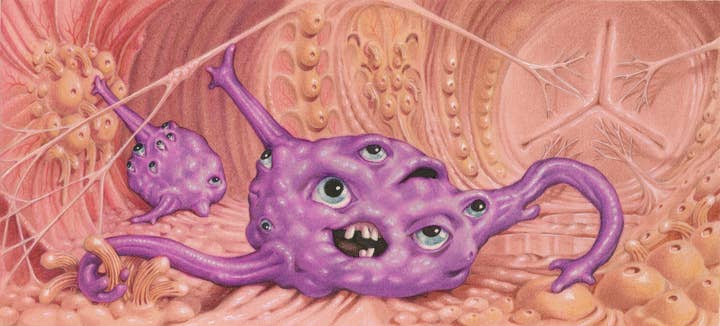 A piece of concept art showing a pink blob alien with several tendrils and a mish-mash of eyes and orifices on the main part of its body.