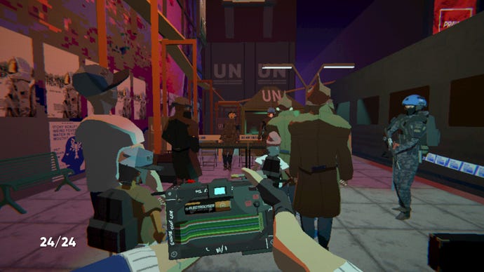 UN officials and soldiers in an Umurangi Generation screenshot.
