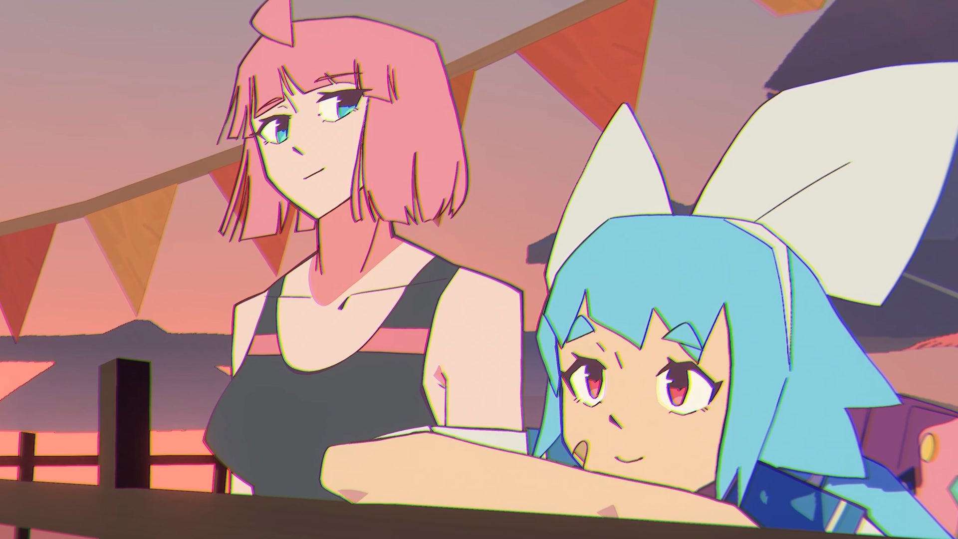 A pink haired woman and a blue haired girl are smiling looking out over a railing in Unbeatable. - 1