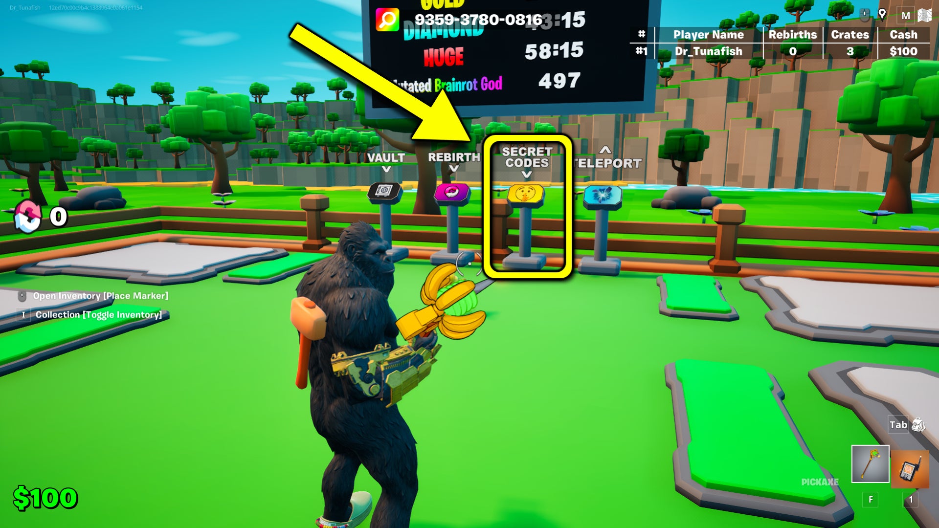A screenshot from the Fortnite UGC map, Unbox A Brainrot, featuring an arrow pointing to the keypad podium where you can type in secret codes. - 3