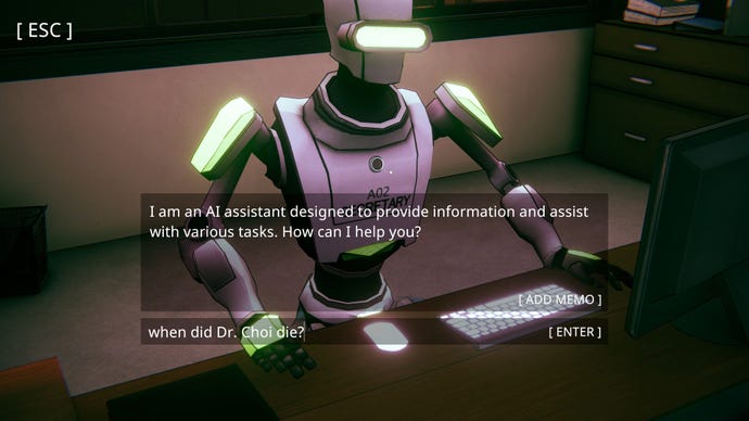 The player asks a robot what they know about a murder in AI-powered detective game Uncover the Smoking Gun
