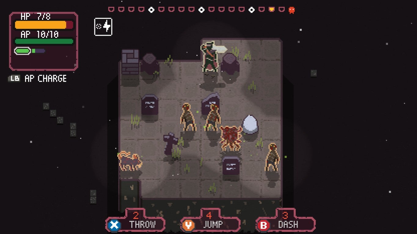 A small, tiled, grey play area, on which our pixelated hero and several enemies - zombies and rats and a flying thing - stand.