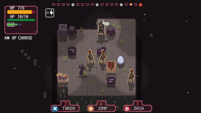 A small, tiled, grey play area, on which our pixelated hero and several enemies - zombies and rats and a flying thing - stand.